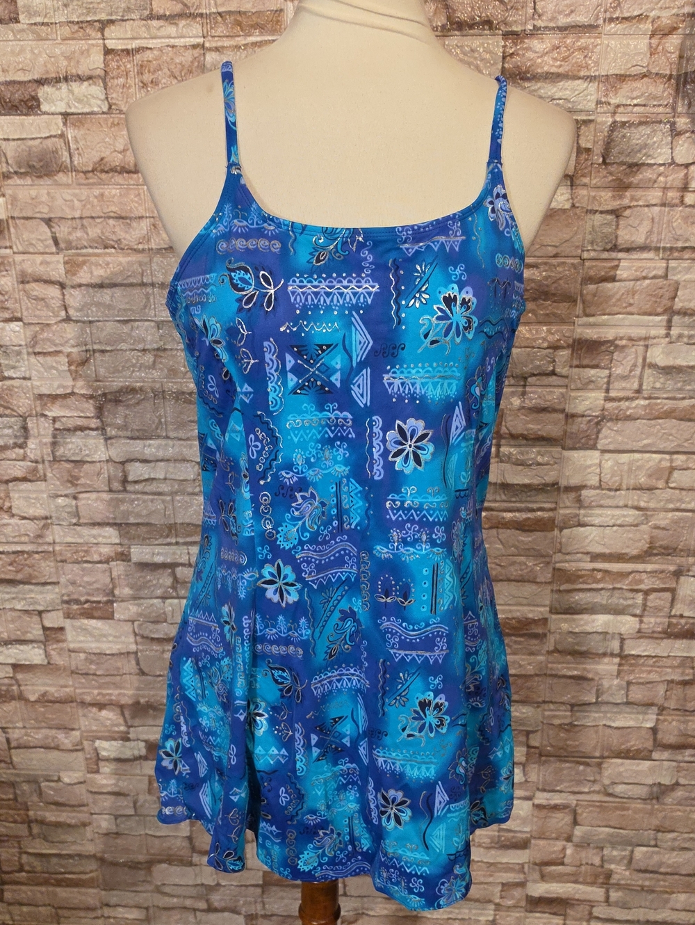 Kathy Irelands Blue Floral Spaghetti Strap Swimsuit